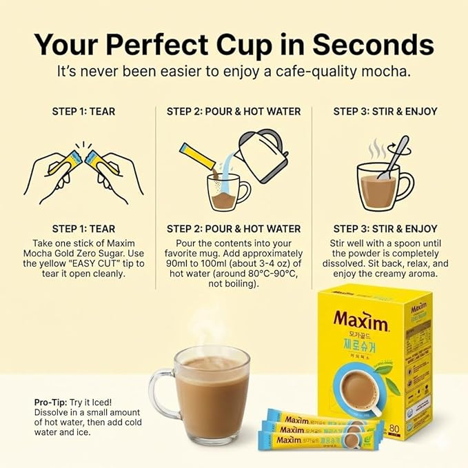 Zero Sugar Mocha Gold Coffee Mix – 50 Sticks (30 Calories per Stick) | Sweet &amp Creamy Korean Instant Coffee | No Sugar Low Calorie