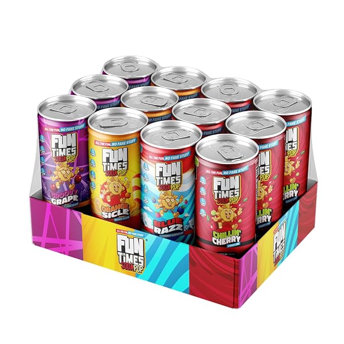 Fun Times Soda Pop Mixed Flavors 12 Pack Orange Sicle Chillin' Cherry Blue Razz Groovy Grape Flavored Drink