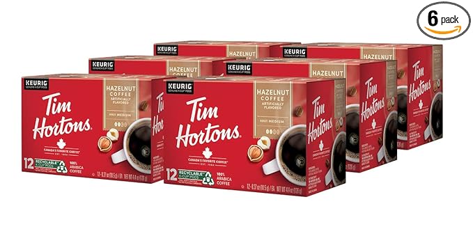 Tim Hortons Hazelnut Flavored Medium Roast Coffee Single-Serve K-Cup Pods Compatible with Keurig Brewers 72ct K-Cups 6x12ct Boxes Red