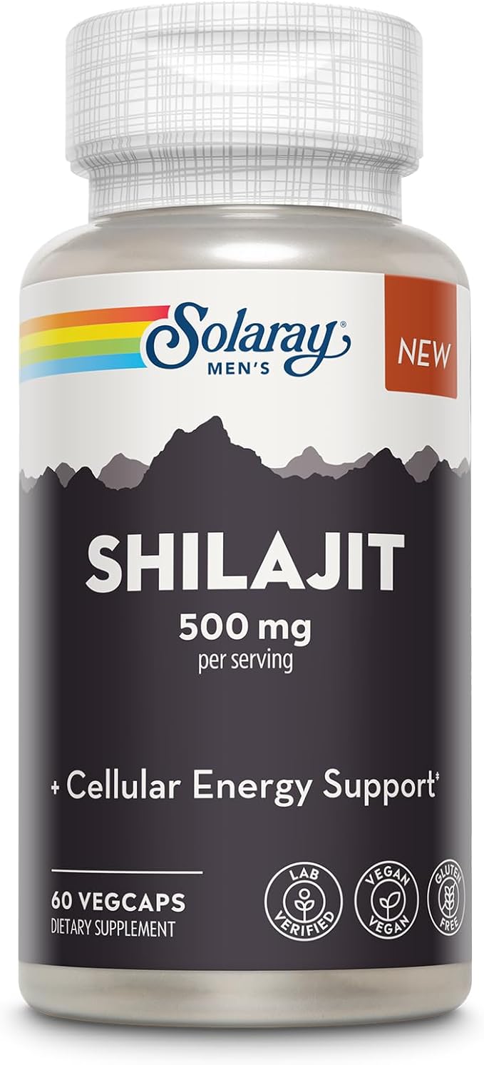 SOLARAY Shilajit 500 mg PrimaVie (R) Himalayan Shilajit for Men Adaptogenic Cellular Energy Support Men’s Health Supplement Vegan Gluten Free 60-Day Guarantee - 30 Servings 60 VegCaps