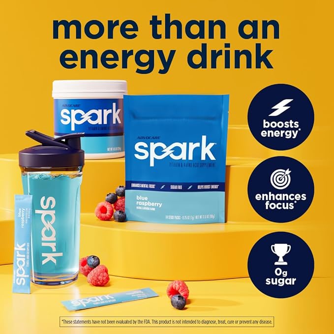 AdvoCare Spark - Energy Drink Mix - Vitamin &amp Amino Acid Supplement - Supports Energy &amp Focus - Portable Immune Support - Sugar-Free - Blue Raspberry (10.5 oz)