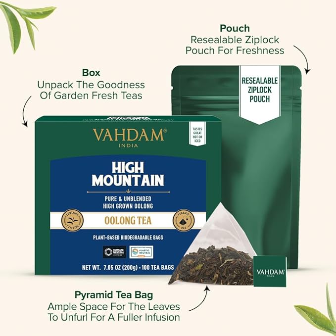 VAHDAM High Mountain Oolong Tea Bags (100 Count) Non GMO Gluten Free | High Grown Oolong Tea Leaves - Light &amp Floral | Resealable Ziplock Pouch