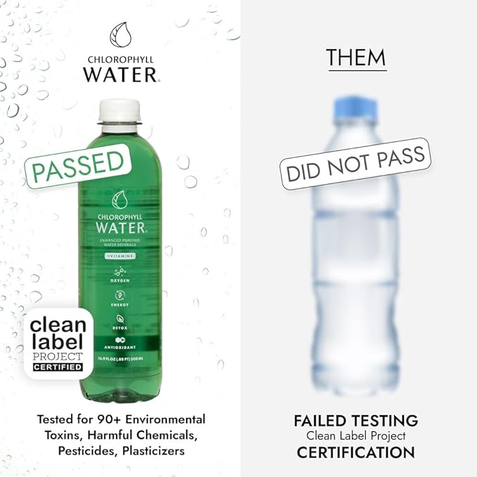 Chlorophyll Water (12-pack) Liquid Chlorophyll Drops in Purified Water Bottles For Glowing Skin Energy and Detox Vitamins A B12 C D3 Clean Label Certified Plant-Based Vitamin Water (16.9oz)