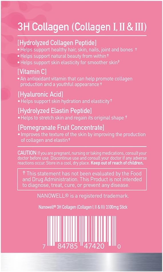 NANOWELL 3H Collagen Peptide 60 Sticks X 2 Boxes for 2 Months - I II &amp III with Vitamin A C E Hydrolyzed Elastin Peptide and Hyaluronic Acid - Hair Nail Skin and Joint Support (120 Count)