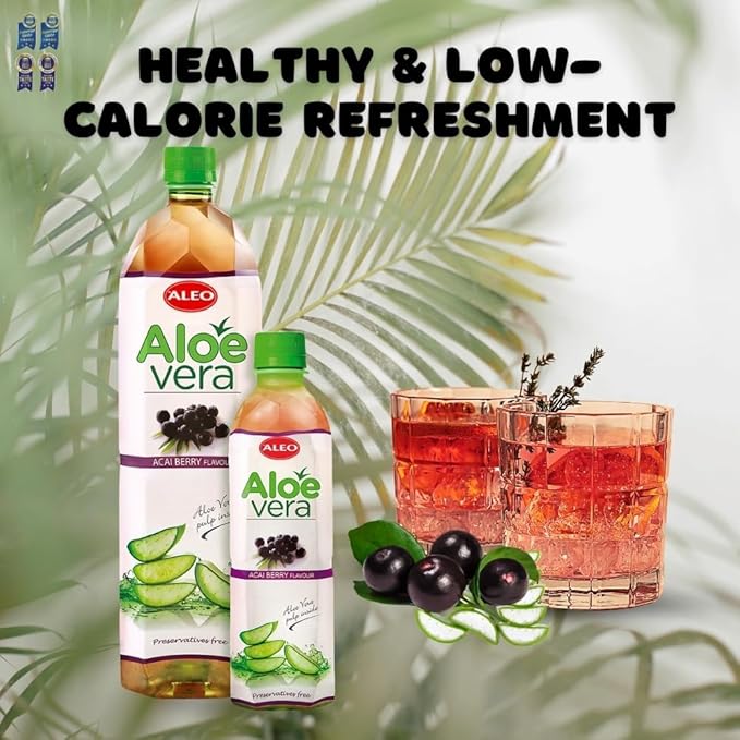 ALEO 0.5L Premium Acai berry Aloe Vera Drink - Natural No Preservatives No Artificial Colors Superior Taste Award 2025