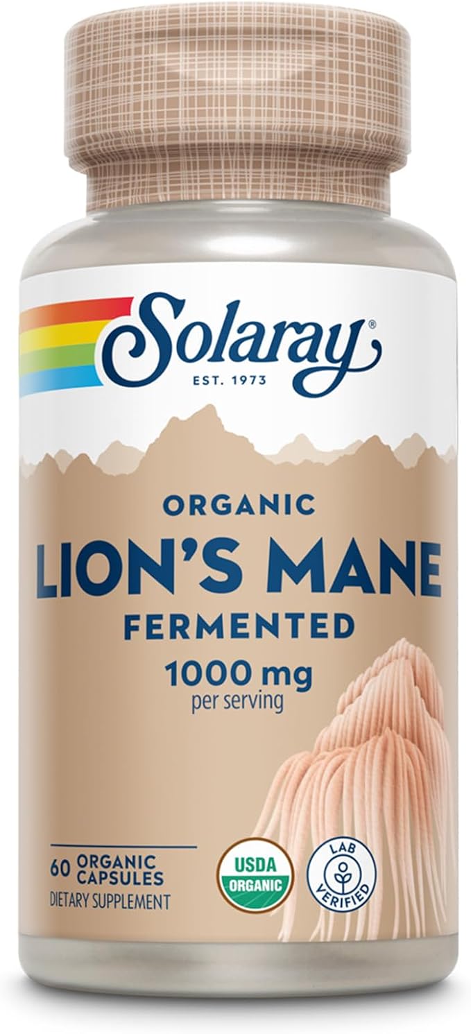 SOLARAY Organic Lions Mane Supplement Capsules - Providing 1000 mg of Lion's Mane Organic Mushrooms Fermented for Enhanced Absorption - Vegan 60-Day Guarantee Lab Verified 30 Servings 60 VegCaps
