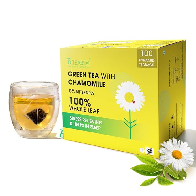 Teabox Premium Darjeeling Green Tea With Chamomile Flowers | 100% Whole Leaf &amp 0% Bitterness | Green Tea From The Himalayas | 100 Tea Bags (Low Caffeine)