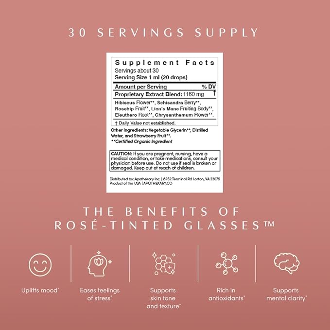 Apothékary Rosé-Tinted Glasses Supports a Balanced Mood &amp Focus Alcohol-Free Wine-Inspired Herbal Liquid Drops with Schisandra Berry &amp Lion's Mane Mushroom Certified Organic 1 fl oz 30 S