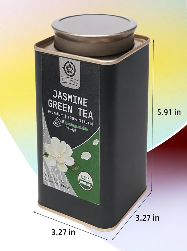 TETWIN Jasmine Green Tea Bags 40ct Resealable Tin – Organic Loose Leaf Tea Scented with Fresh Jasmine Flowers USDA Organic Full Leave Teabags Light Caffeine Naturally Aromatic