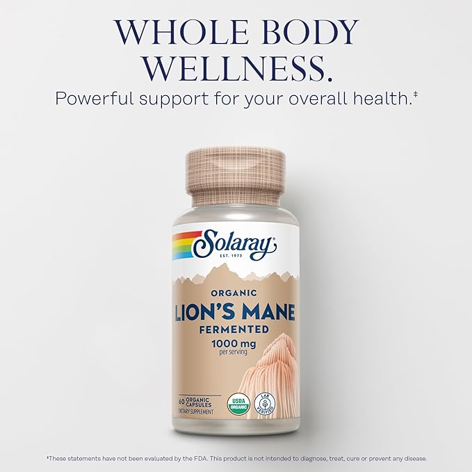 SOLARAY Organic Lions Mane Supplement Capsules - Providing 1000 mg of Lion's Mane Organic Mushrooms Fermented for Enhanced Absorption - Vegan 60-Day Guarantee Lab Verified 30 Servings 60 VegCaps