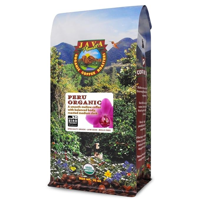 Low Acid Organic Coffee – Whole Bean Mold-Free &amp Stomach Friendly by Java Planet Peruvian Single Origin Coffee Medium Dark Roast Smooth Full Flavored Smithsonian Bird Friendly 1LB Bag