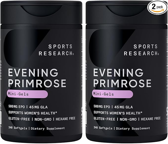 Sports Research Evening Primrose Oil (500mg) Cold-Pressed with No fillers or Artificial Ingredients Non-GMO Tested - Gluten &amp Soy Free (240 Liquid Softgels) (Pack of 2)