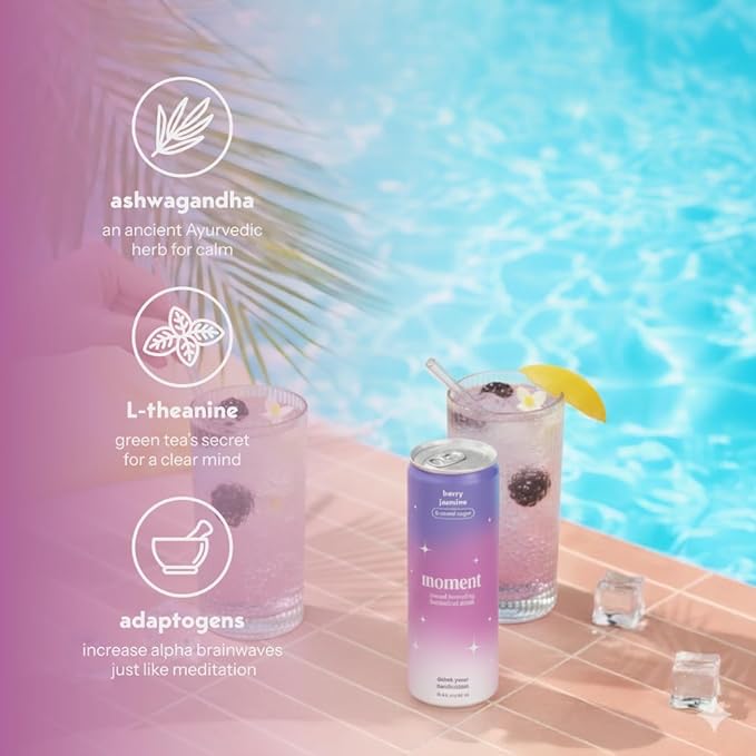 Moment Botanical Soda Soft Drink (Shark Tank) - SPARKLING Non Alcoholic Drinks | Berry Jasmine | L-Theanine &amp Ashwagandha for Calm &amp Clarity | 0 Added Sugar 0 Caffeine | 12-pack