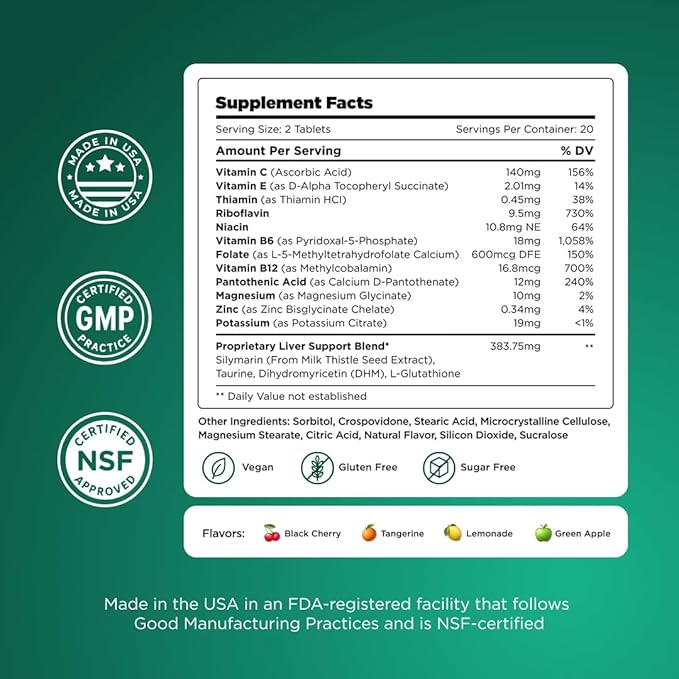 H-PROOF The Anytime You Drink Vitamin Liver Health &amp Immunity Support with Electrolytes Milk Thistle and Vitamins B &amp C - 40 Chewable Tablets (20 Servings) Vegan Green Apple