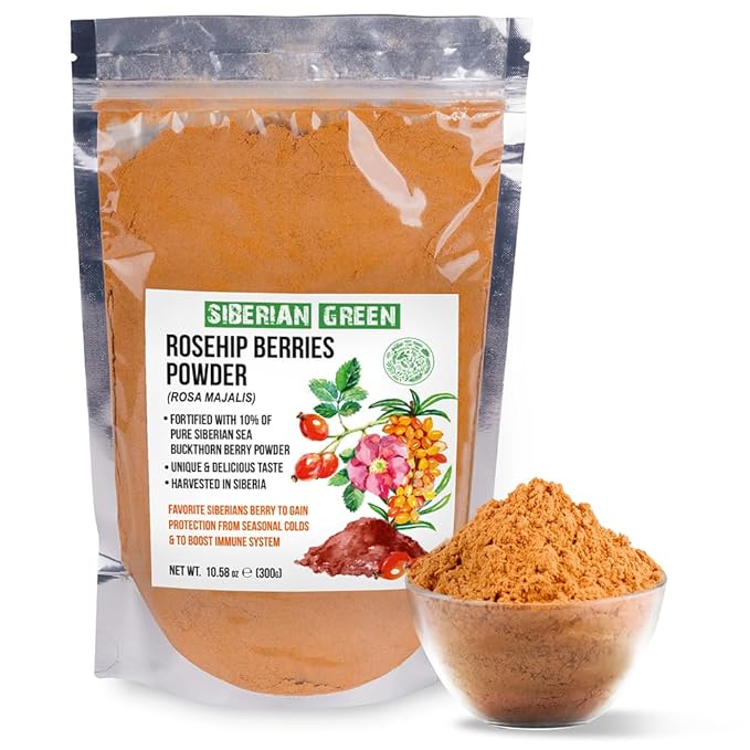 Ground Siberian Rose Hips Flour 300g w Sea Buckthorn Fine Fine Powder Tea from Siberia Altai Mountains Taiga No Added Sugar Resealable Pouch