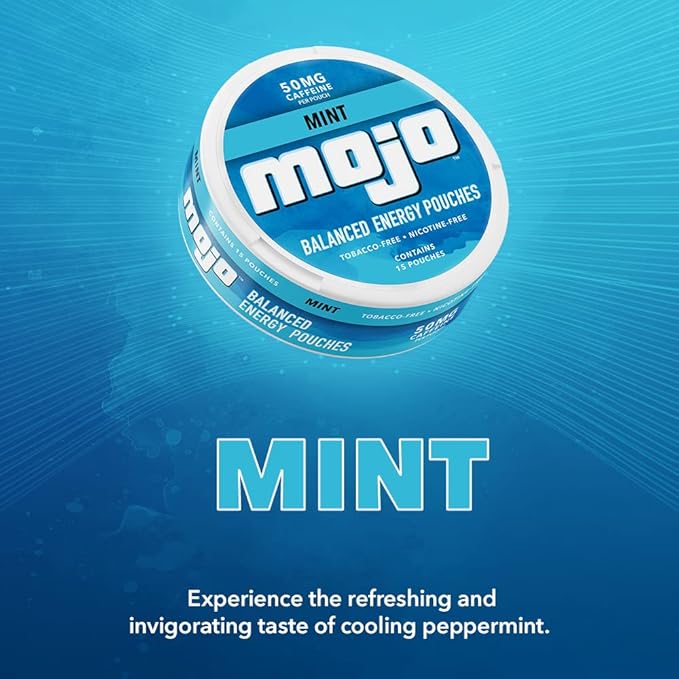 Mojo™ Balanced Energy Pouches | Healthier Energy Drink Alternative |Zero Sugar &amp Calorie-Free with Ginseng Yerba Mate B-Vitamins and Amino Acids | 15 Pouches Per Can | 5 Cans (Mint)