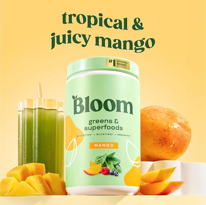 Bloom Nutrition Superfood Greens Powder Digestive Enzymes with Probiotics and Prebiotics Gut Health Bloating Relief for Women Chlorella Green Juice Mix with Beet Root Powder 60 SVG Mango