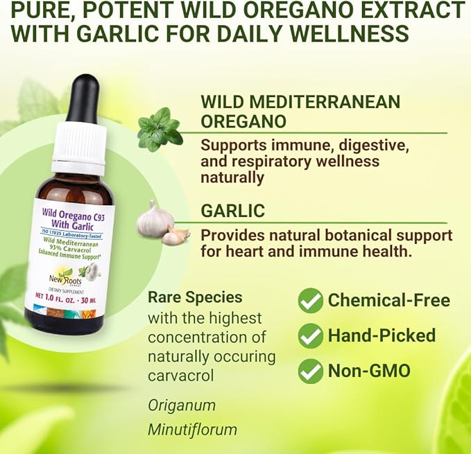 NEW ROOTS HERBAL Wild Oregano Oil Tincture with Garlic (1 fl oz) | 93% Carvacrol Oregano Oil Drops Enhanced Immune Support Supplement l Non GMO Vegan GMP Certified