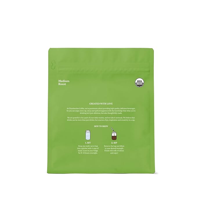 Chamberlain Coffee Organic Coconut Cold Brew XL Coffee Bags Medium Roast - Premeasured Ready to Brew - Makes 4 Cups per Bag - Perfect for Iced Coffee Convenient and Easy Brewing Experience - 8.5 oz