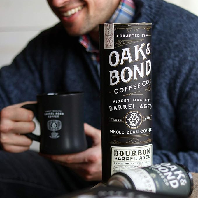 Oak &amp Bond Coffee Co. Bourbon Barrel Aged Coffee Brazil Single Origin Whole Bean Medium Roast - Chocolate Caramel Mandarin Orange Sweet Bourbon Flavors - 10oz