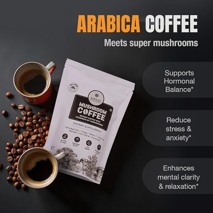 Mushroom Coffee | 6 Adaptogen Mushrooms | Premium Instant Coffee with Benefits of Lion's Mane Chaga &amp Turkey Tail for Better Focus Immune Support Energy Digestion &amp Skin | 30 Servings