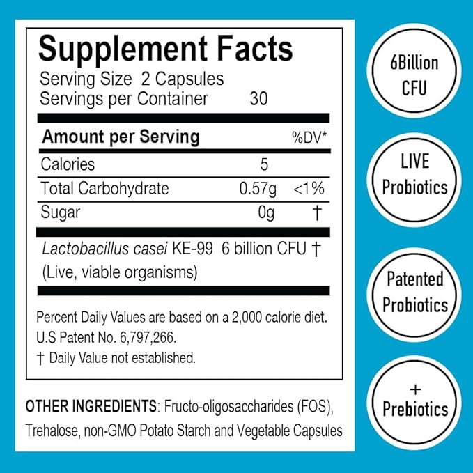 Probiohealth: Probiotics 6 Billion CFU Probiotics for Women and Men Lactobacillus casei (KE-99) FOS Trehalose Vegetarian Capsules 60 Count