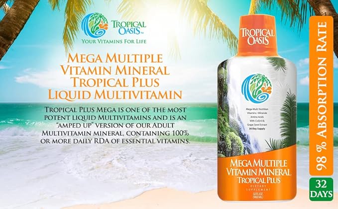 Tropical Oasis Mega Plus - Liquid Multivitamin and Mineral Supplement – Includes 85 Vitamins &amp Minerals 20 Amino Acids + CoQ10 Grape Seed Extract &amp Organic Aloe Vera - 32oz 32 Servings 334