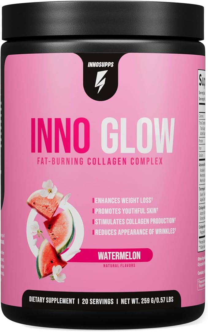 InnoSupps InnoGlow Multi Collagen Peptides Powder for Weight Loss - Thermogenic Fat Burner and Anti Aging Collagen Powder for Women - Hair Skin Nails Joint Support - 20 Servings (Watermelon)