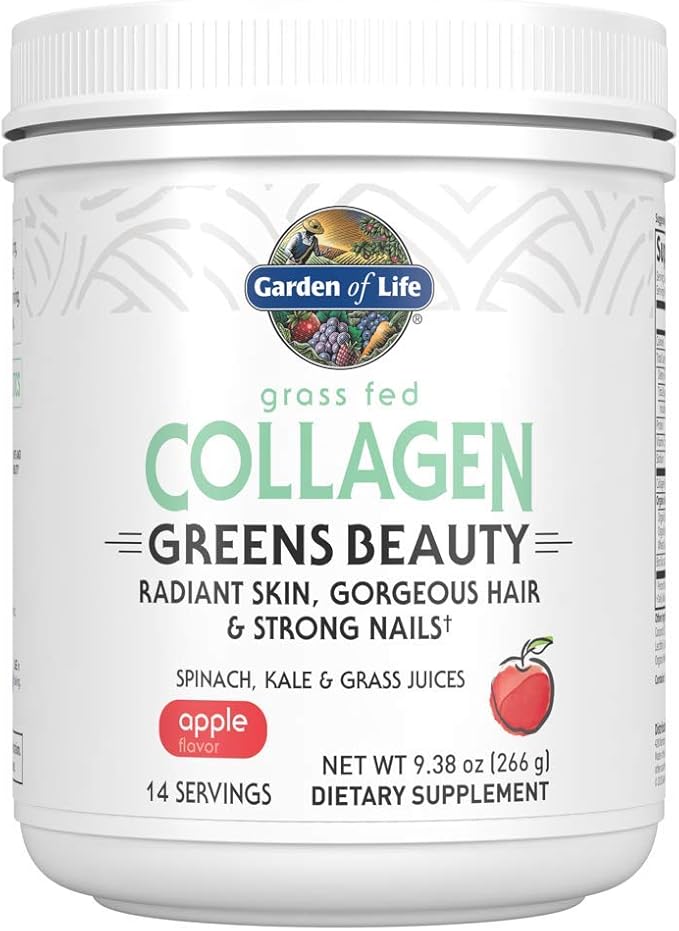 Garden of Life Grass Fed Collagen Greens Beauty Powder - Apple 14 Servings Powder for Women Skin Hair Nails Joints Collagen Peptides Powder + Protein + Greens Supplement
