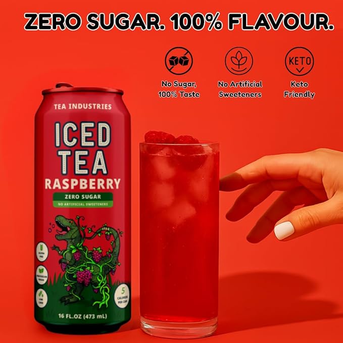 Tea Industries Black Tea with Raspberry Iced Tea – Sugar Free Low Calorie Refreshing Drink Natural Fruity Flavor 16oz Cans (12-Pack)