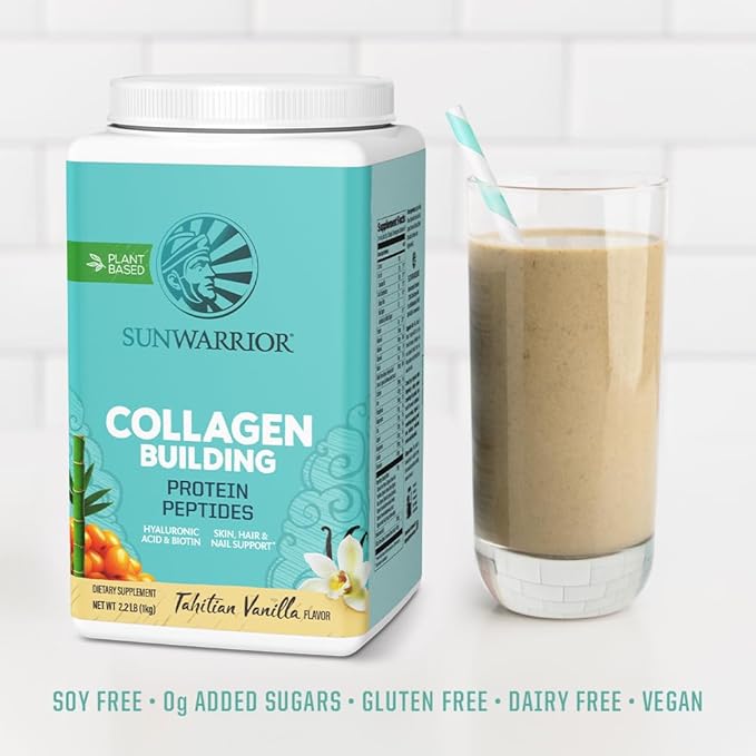 Sunwarrior Collagen Peptides Building Powder | Vegan Collagen for Women Plant-Based Protein Powder | Hyaluronic Acid Biotin Silica Vitamin C for Hair Skin &amp Nails | 40 Servings Vanilla Flavore