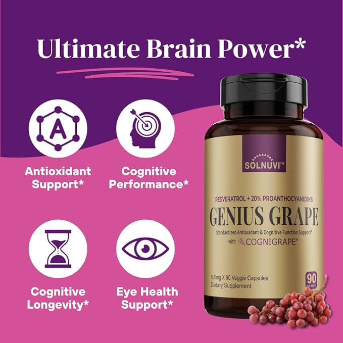 Resveratrol Complex Supplement 1500mg with Clinically Tested Cognigrape Red Grape Extract 20% Proanthocyanidins - Antioxidant &amp Brain Health Support - 90 Veggie Capsules Non-GMO Gluten-Free Veg