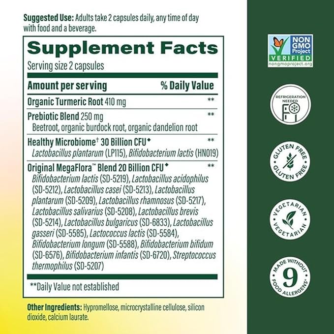MegaFood MegaFlora Probiotics + Prebiotics Turmeric Supplement - Prebiotics and Probiotics for Women and Men Digestive Health 50 Billion CFUs 14 Strains - 60 Capsules (30 Servings)