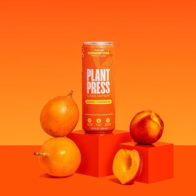 Plant Press - Organic Energy Drink 100 mg Caffeine Clean Coffee Alternative Full Range of Vitamins Electrolytes No Sugar Alcohols No Preservatives - Passionfruit Peach (12 Fl Oz 12 Pk)