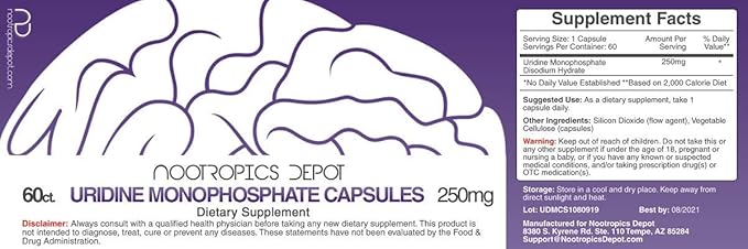 Nootropics Depot Uridine Monophosphate Capsules | Disodium Salt (60 Count) Cognitive Enhancer* | Nootropic | Choline Precursor