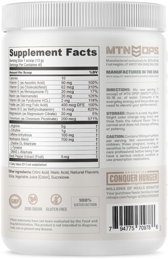 MTN OPS Ignite Lite Energy Drink Powder Gluten Free Nitric Oxide Supplement Drink Mix L Arginine L Citrulline Caffeine &amp Nootropic Sugar Free Drink Mix 45 Servings Strawberry Daiquiri