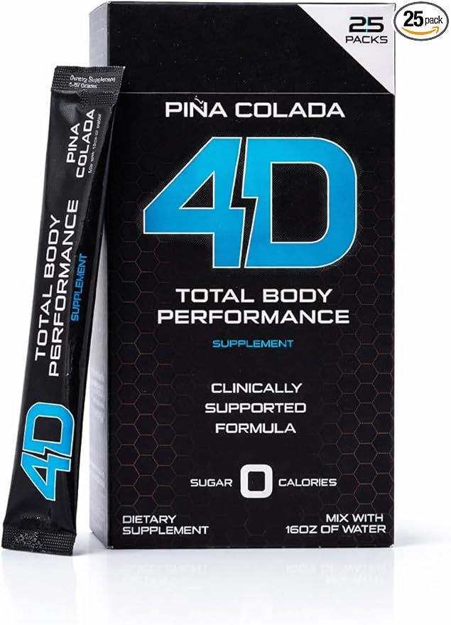 4D Pina Colada 25 Unit Box - Electrolytes Aminos Vitamins &amp Energy Powder Packets - Zero Calories &amp Sugars - Gluten Free Non-GMO Keto &amp Vegan Friendly