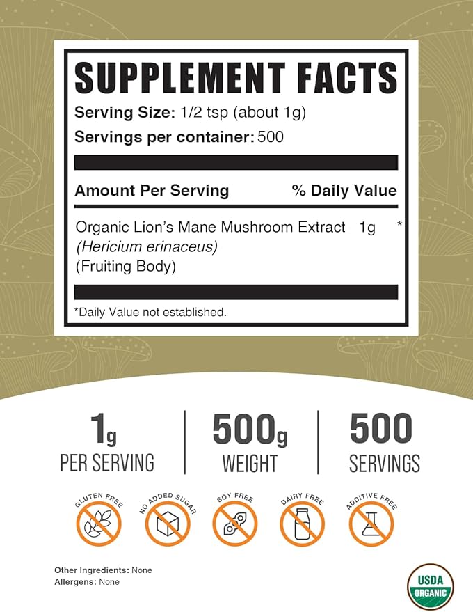 BulkSupplements.com Organic Lion's Mane Mushroom Extract Powder - Mushroom Supplement Brain Supplement for Memory and Focus Support - Vegan 1g per Serving 500g (1.1 lbs) (Pack of 1)