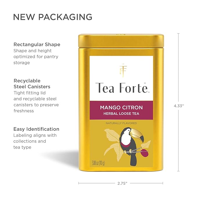 Tea Forte Mango Citron Premium Loose Leaf Caffeine-Free Herbal Tea Blend Canister Makes 35-50 Cups