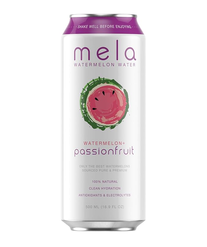 Mela Watermelon Water - Watermelon + Passionfruit | 12 Pack | 100% Natural Watermelon Juice + Passion Fruit Juice | Hydration Beverages | Antioxidant Vitamin C | No Added Sugar | 16.9oz per can