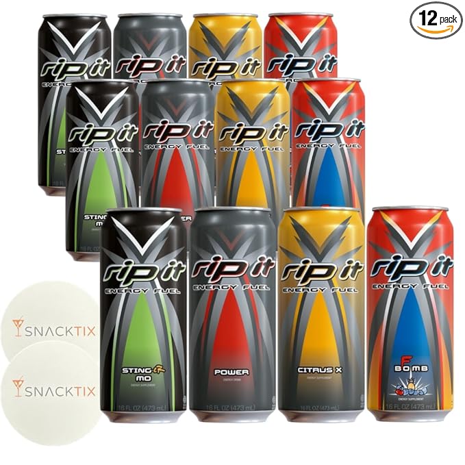 Rip It Energy Drink Variety Pack - 12 Cans of 16 fl oz Each - Assorted Flavors for an Energy Rush - with Snacktix Coaster Included (Power Energy)