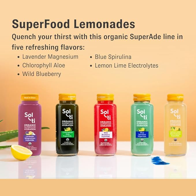 Organic SuperAde Hydration Drink Digestive Health + Balanced Mood SuperFood Lemonade by Sol-ti Cold-Pressed Lavender Magnesium &amp Lemon Juice Blend16 Pack (14.9 Fl oz)