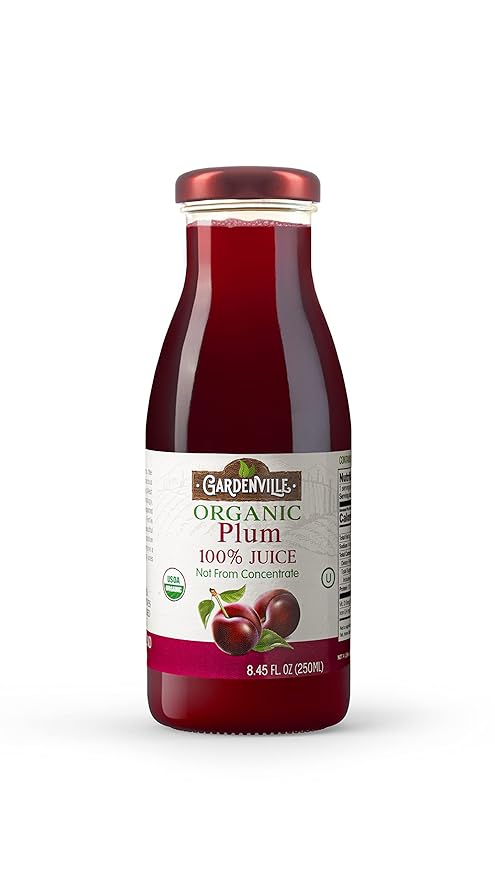 Gardenville Organic Plum Juice (Pack of 12) USDA Organic No Added Sugar U Kosher Certified Pasteurized 8.4 oz Glass Bottles (Plum)
