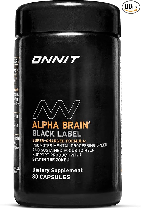 ONNIT Alpha Brain Black Label Capsules IGEN Non-GMO Tested Citicoline Brain Supplement for Concentration and Memory Lion’s Mane Lutemax Lutein L Theanine and Mucuna Pruriens 80 Count