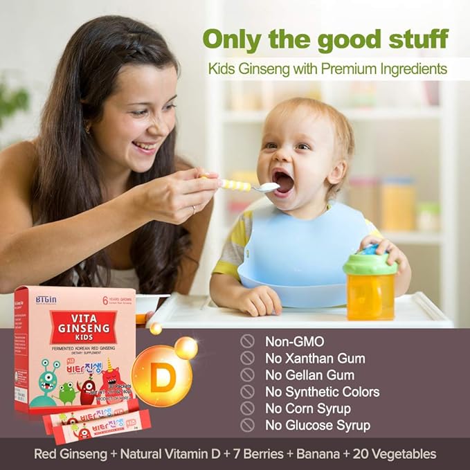 Vita Ginseng Kids Vitamin D Zinc 7 Berries Banana 20 Vegetables Milk Powder for Immune Support Focus and Memory Boost 30 Packets (1Set)