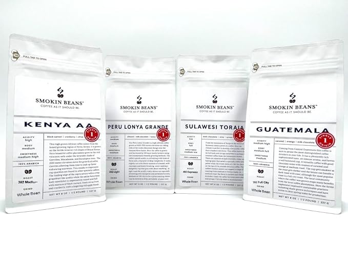 Smokin Beans World Tour Box 4 bags 8-oz each Kenya Medium Roast Peru Light Roast Guatemala Full City Roast Sulawesi Espresso Roast Freshly Roasted Premium Whole Bean Specialty Coffee