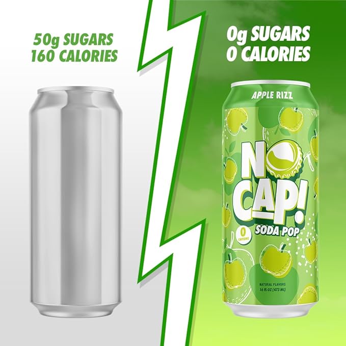 NO CAP! Next Gen Soda Pop with Zero Sugar Zero Calories and Electrolytes for Hydration Naturally Flavored Caffeine-Free Soda Vegan &amp Gluten-Free 16 oz Cans (Apple Rizz)