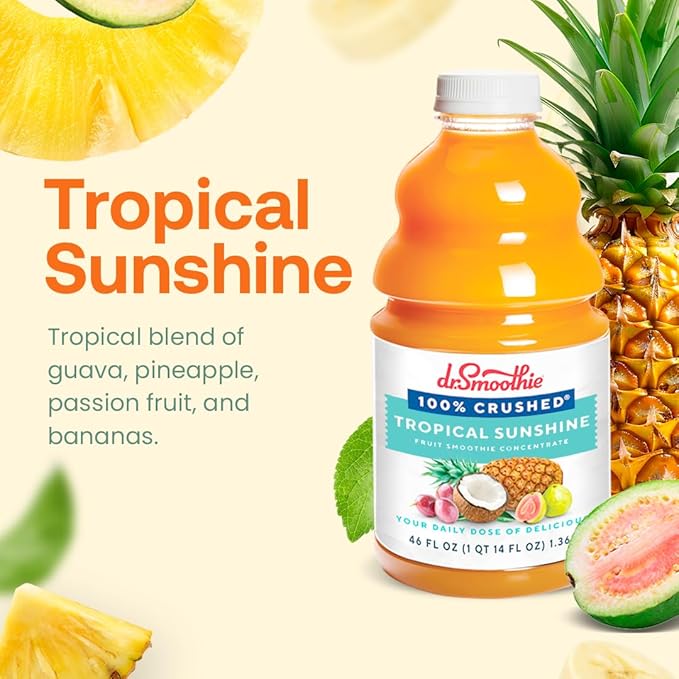 Dr. Smoothie 100% Crushed Tropical Sunshine – No Added Sugar Made with Real Fruits/Fruit Juice – Vegan No Artificial Colors or Flavors – Guava Pineapple Passion Fruit &amp Bananas – Six 46 oz Bot