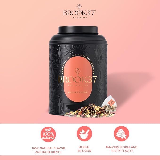 Brook37 Pink Rose Strawberry Herbal Tea - Premium Tea | Caffeine Free | Natural flavor and ingredients | Hibiscus Rose Strawberry | 20 Tea Bags | Plastic Neutral Brand | Ideal Tea Gift