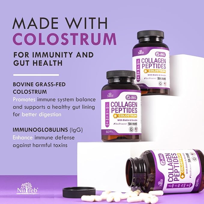 Collagen Peptides for Women with Colostrum Biotin and Keratin - Type I II III V X - 5X Higher Absorption - Hair Skin and Nails Vitamins - Collagen for Women - Collagen Pills - 60 Capsules